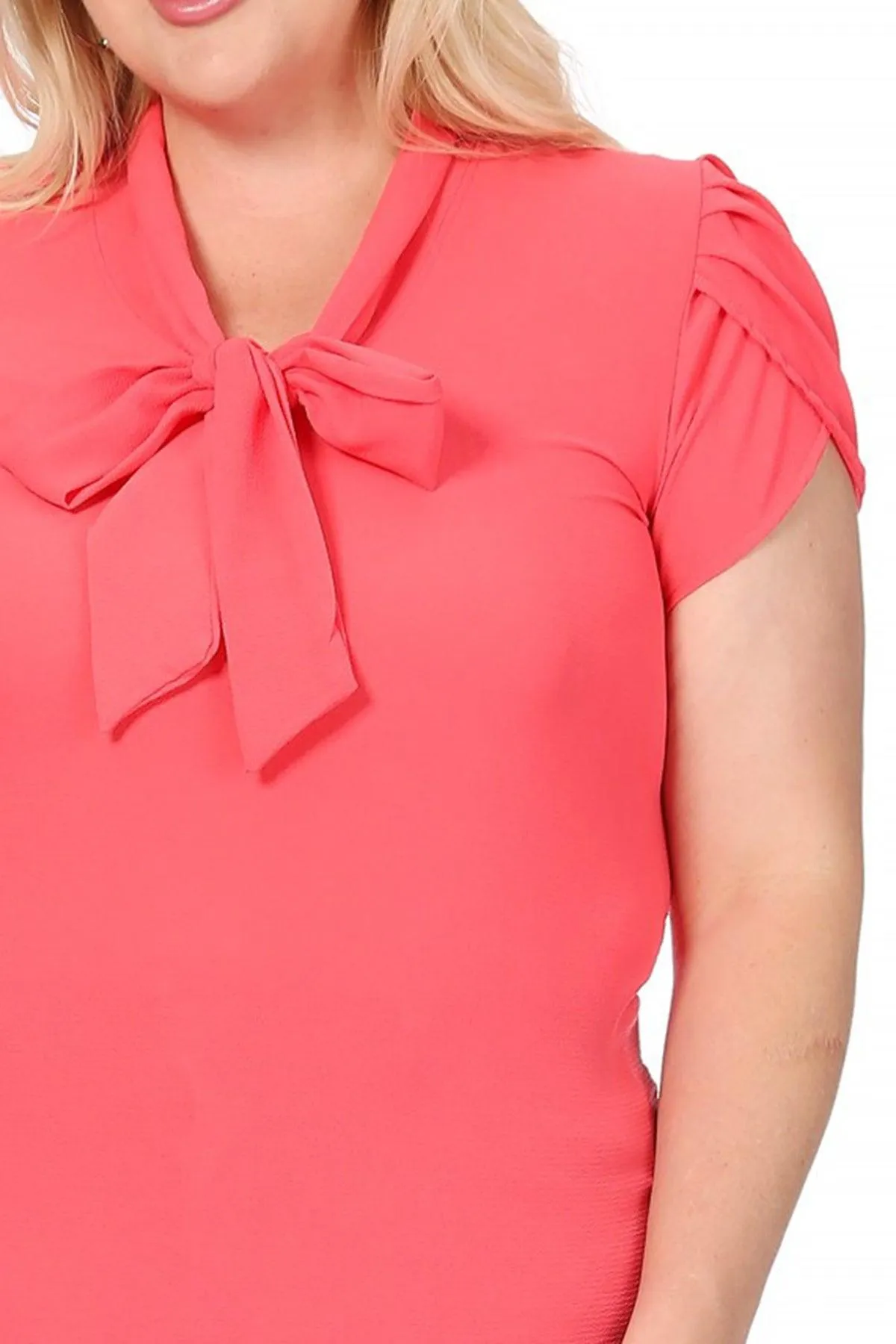 Women's Plus Size Solid Petal Sleeve Bow Tie Neck Short Sleeve Blouse