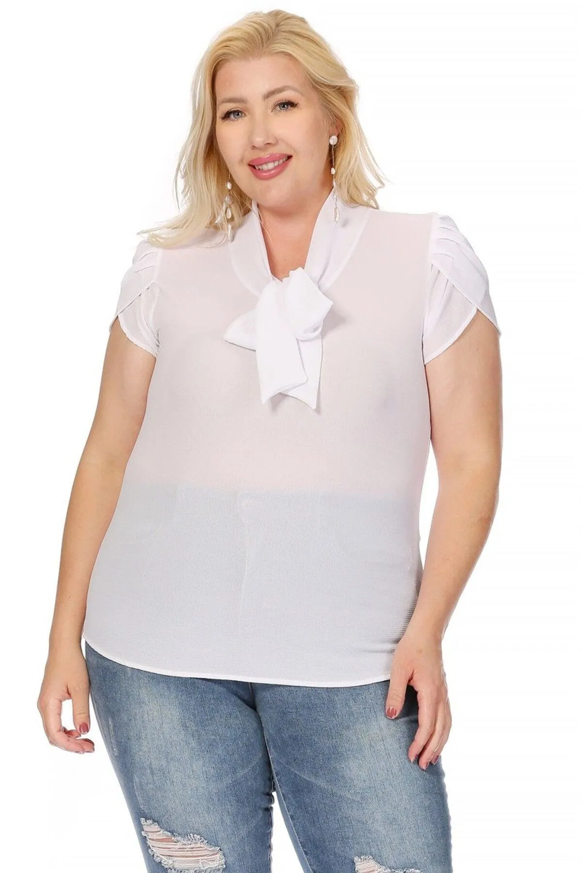 Women's Plus Size Solid Petal Sleeve Bow Tie Neck Short Sleeve Blouse