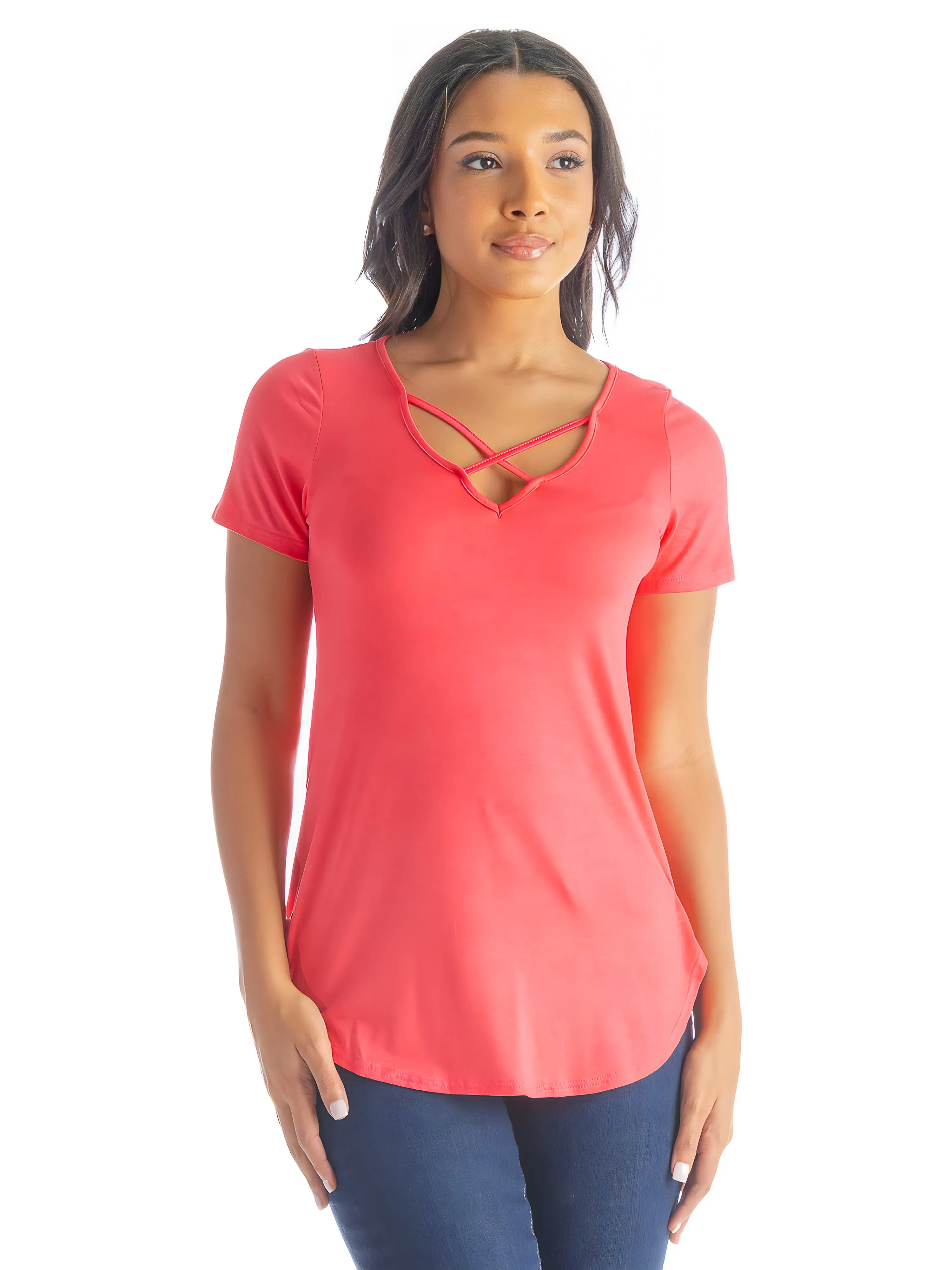 Womens V Neck Criss Cross Neckline T Shirt Tunic Top