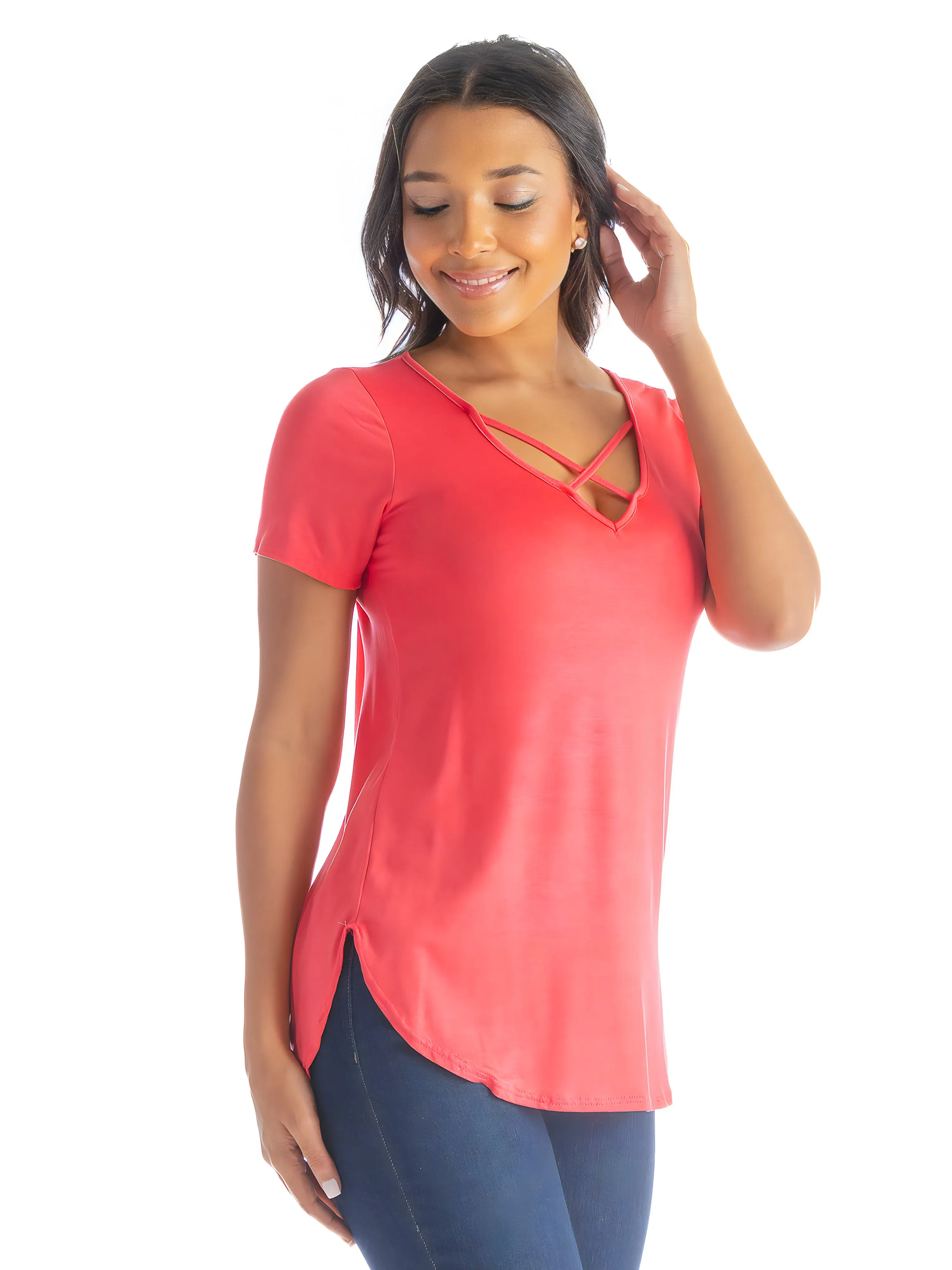 Womens V Neck Criss Cross Neckline T Shirt Tunic Top