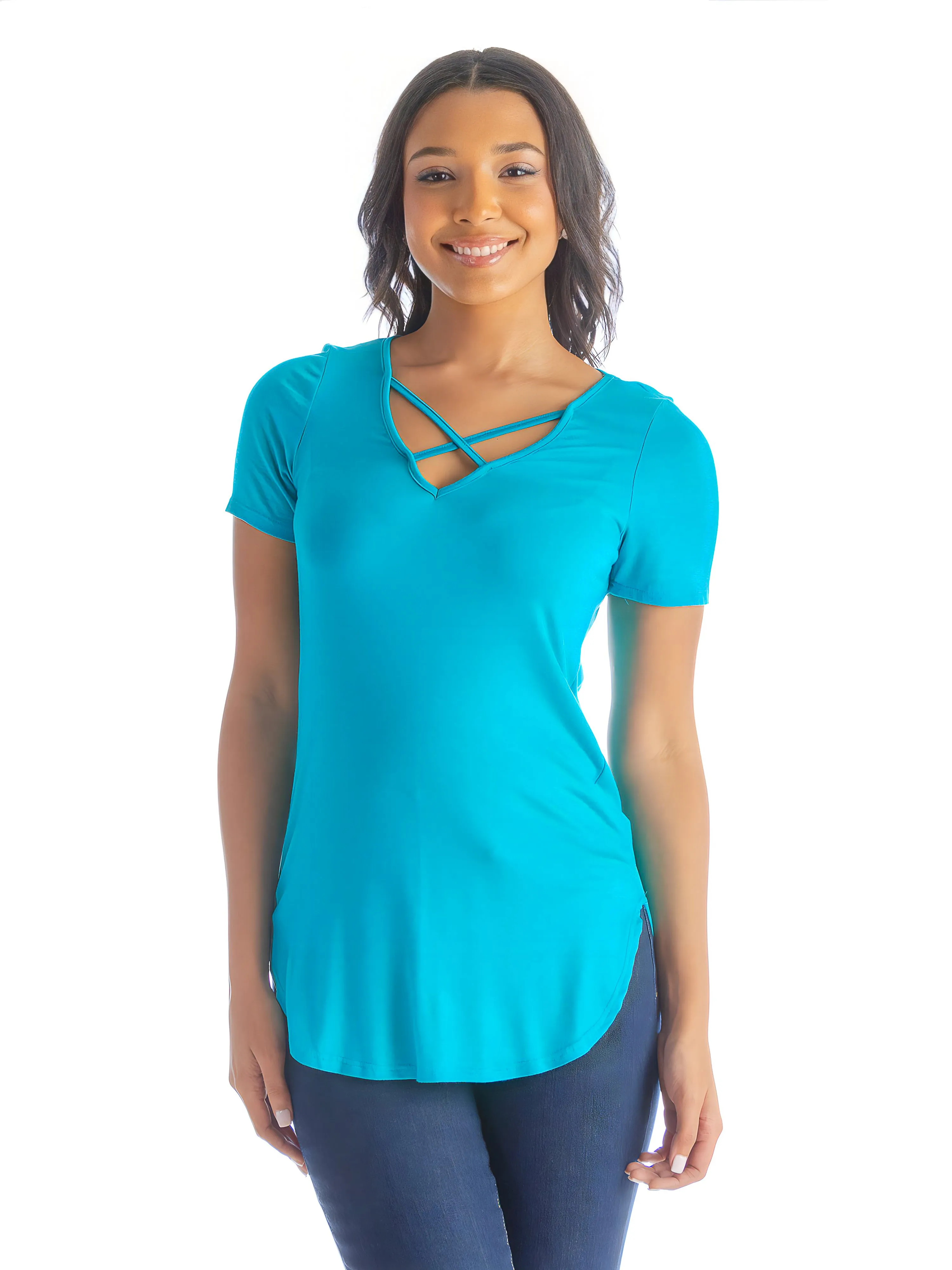 Womens V Neck Criss Cross Neckline T Shirt Tunic Top